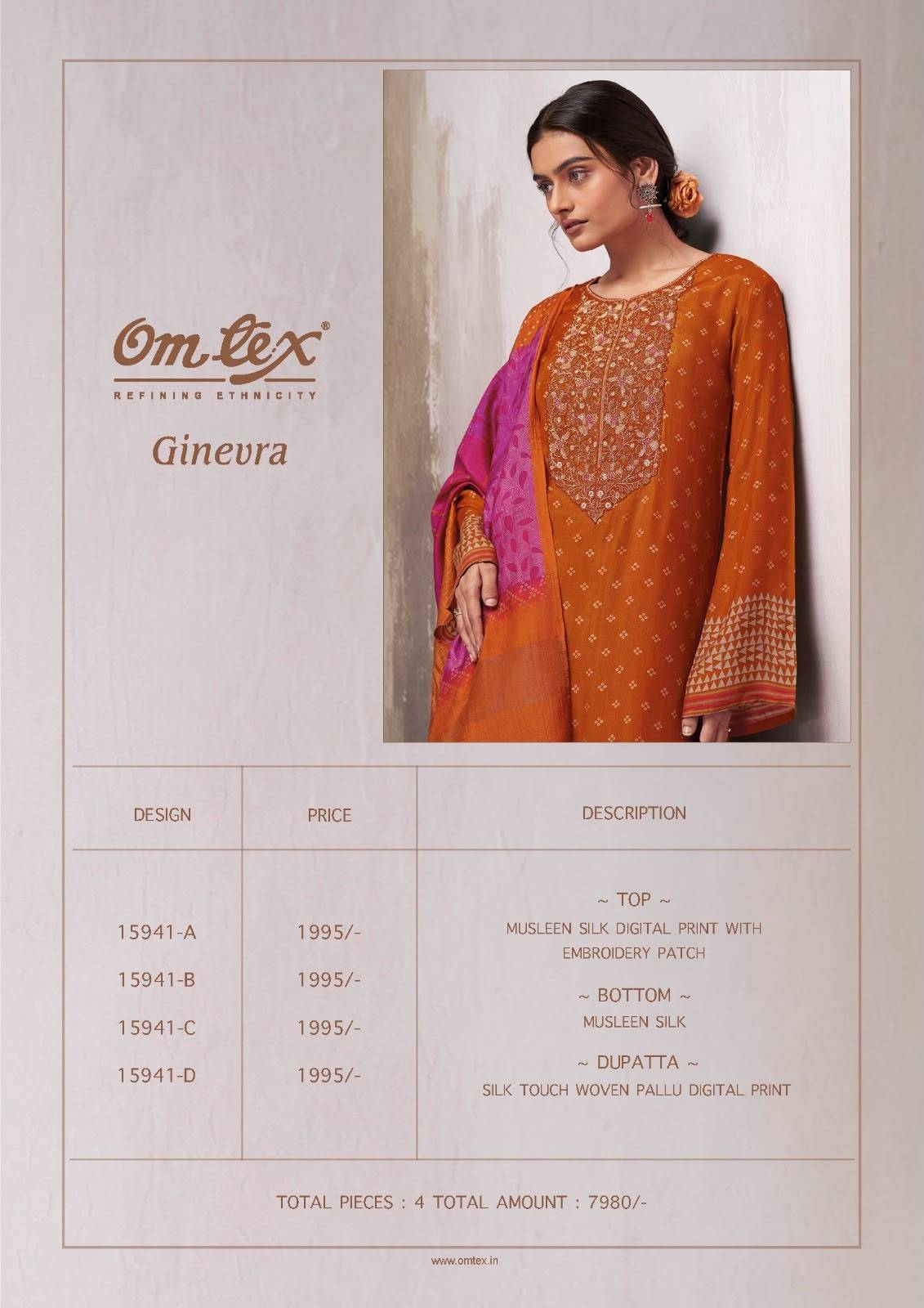 GINEVRA By Om Tex 15941 Series Beautiful Festive Suits Stylish Colorful Fancy Casual Wear & Ethnic Wear Muslin Silk Dresses At Wholesale Price
